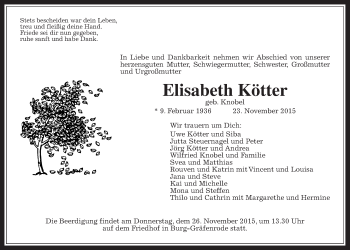 Traueranzeige von Elisabeth Kötter von Wetterauer Zeitung, Wetterauer Zeitung