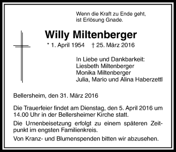 Traueranzeige von Willy Miltenberger von Licher Wochenblatt, Licher Wochenblatt, Licher Wochenblatt