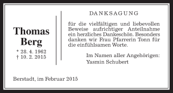 Traueranzeige von Thomas Berg von Wetterauer Zeitung, Wetterauer Zeitung