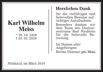 Traueranzeige von Karl Wilhelm Meiss von Wetterauer Zeitung, Wetterauer Zeitung