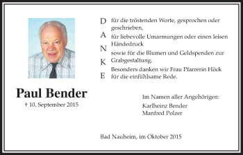 Traueranzeige von Paul Bender von Wetterauer Zeitung, Wetterauer Zeitung