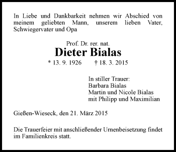 Traueranzeige von Dieter Bialas von Gießener Allgemeine, Alsfelder Allgemeine
