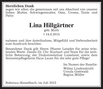 Traueranzeige von Lina Hillgärtner von Gießener Allgemeine, Alsfelder Allgemeine