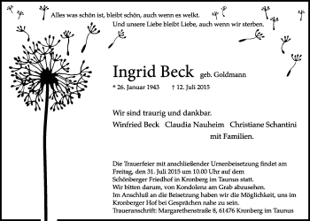 Traueranzeige von Ingrid Beck von Wetterauer Zeitung, Wetterauer Zeitung