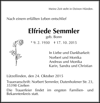 Traueranzeige von Elfriede Semmler von Gießener Allgemeine, Alsfelder Allgemeine