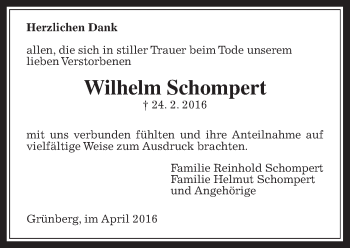 Traueranzeige von Wilhelm Schompert von Gießener Allgemeine, Alsfelder Allgemeine