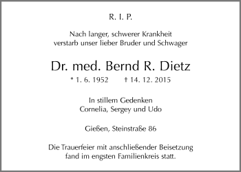 Traueranzeige von Bernd R. Dietz von Gießener Allgemeine, Alsfelder Allgemeine