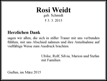 Traueranzeige von Rosi Weidt von Gießener Allgemeine, Alsfelder Allgemeine