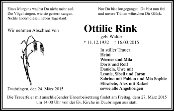 Traueranzeige von Ottilie Rink von Gießener Allgemeine, Alsfelder Allgemeine, Wetterauer Zeitung, Wetterauer Zeitung