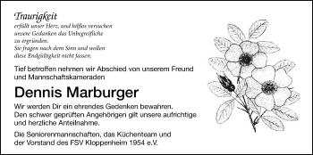 Traueranzeige von Dennis Marburger von Wetterauer Zeitung, Wetterauer Zeitung