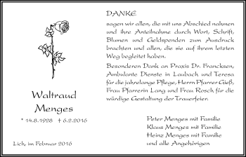 Traueranzeige von Waltraud Menges von Licher Wochenblatt, Licher Wochenblatt, Licher Wochenblatt