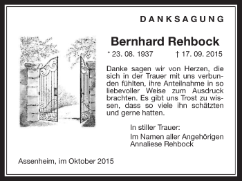 Traueranzeige von Bernhard Rehbock von Wetterauer Zeitung, Wetterauer Zeitung