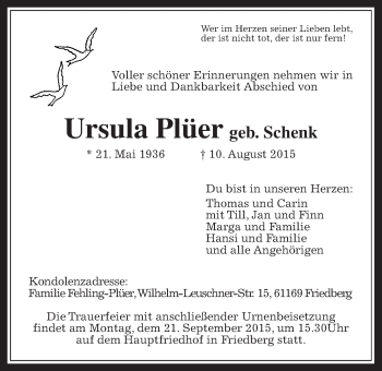 Traueranzeige von Ursula Plüer von Wetterauer Zeitung, Wetterauer Zeitung