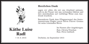 Traueranzeige von Käthe Luise Radl von Wetterauer Zeitung, Wetterauer Zeitung