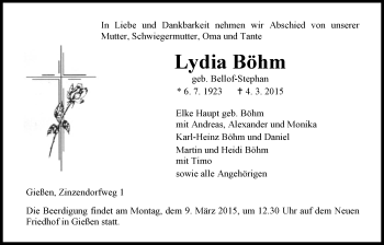 Traueranzeige von Lydia Böhm von Gießener Allgemeine, Alsfelder Allgemeine