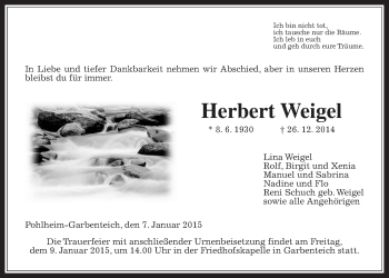 Traueranzeige von Herbert Weigel von Giessener Allgemeine, Alsfelder Allgemeine