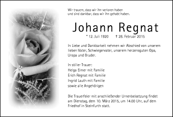Traueranzeige von Johann Regnat von Wetterauer Zeitung, Wetterauer Zeitung