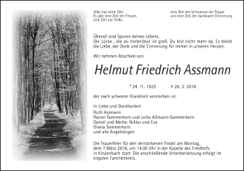 Traueranzeige von Helmut Friedrich Assmann von Gießener Allgemeine, Alsfelder Allgemeine