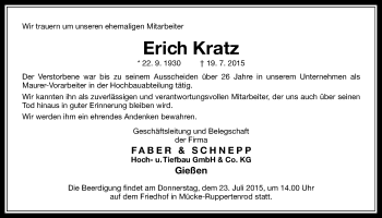 Traueranzeige von Erich Kratz von Gießener Allgemeine, Alsfelder Allgemeine
