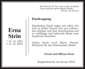 Traueranzeige von Erna Stein von Mücker Stimme