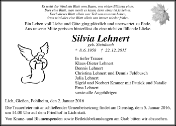 Traueranzeige von Silvia Lehnert von Gießener Allgemeine, Alsfelder Allgemeine