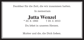 Traueranzeige von Jutta Wenzel von Heimatzeitung Grünberg + Laubach, Laubacher Anzeiger
