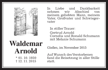 Traueranzeige von Waldemar Arnold von Gießener Allgemeine, Alsfelder Allgemeine