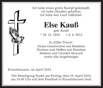 Traueranzeige von Else Kauß von Gießener Allgemeine, Alsfelder Allgemeine
