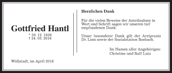 Traueranzeige von Gottfried Hantl von Wetterauer Zeitung, Wetterauer Zeitung