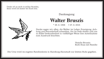 Traueranzeige von Walter Bruszis von Wetterauer Zeitung, Wetterauer Zeitung