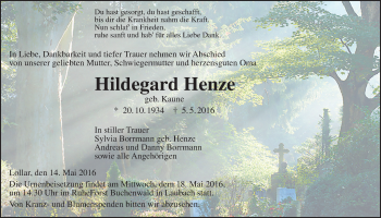Traueranzeige von Hildegard Henze von Gießener Allgemeine, Alsfelder Allgemeine