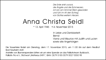 Traueranzeige von Anna Christa Seidl von Wetterauer Zeitung, Wetterauer Zeitung