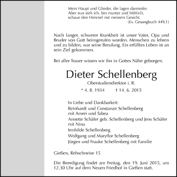 Traueranzeige von Dieter Schellenberg von Gießener Allgemeine, Alsfelder Allgemeine