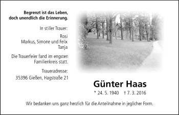 Traueranzeige von Günter Haas von Gießener Allgemeine, Alsfelder Allgemeine