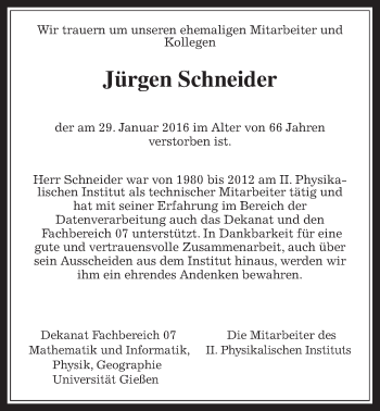 Traueranzeige von Jürgen Schneider von Gießener Allgemeine, Alsfelder Allgemeine