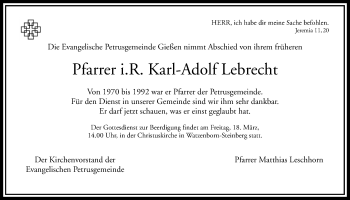 Traueranzeige von Karl-Adolf Lebrecht von Gießener Allgemeine, Alsfelder Allgemeine