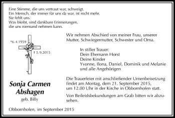 Traueranzeige von Sonja Carmen Abshagen von Licher Wochenblatt, Licher Wochenblatt, Licher Wochenblatt