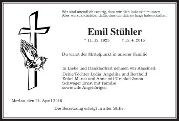 Traueranzeige von Emil Stühler von Alsfelder Allgemeine, Mücker Stimme