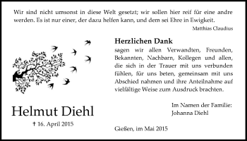 Traueranzeige von Helmut Diehl von Gießener Allgemeine, Alsfelder Allgemeine