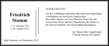 Traueranzeige von Friedrich Stamm von Wetterauer Zeitung, Wetterauer Zeitung