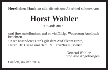 Traueranzeige von Horst Wahler von Gießener Allgemeine, Alsfelder Allgemeine