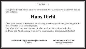 Traueranzeige von Hans Diehl von Alsfelder Allgemeine