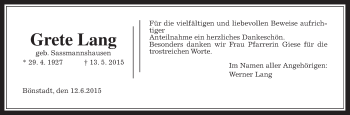 Traueranzeige von Grete Lang von Wetterauer Zeitung, Wetterauer Zeitung