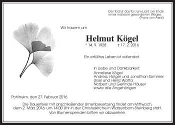 Traueranzeige von Helmut Kögel von Gießener Allgemeine, Alsfelder Allgemeine