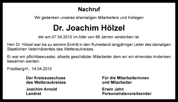 Traueranzeige von Joachim Hölzel von Wetterauer Zeitung, Wetterauer Zeitung