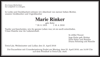 Traueranzeige von Marie Rinker von Gießener Allgemeine, Alsfelder Allgemeine