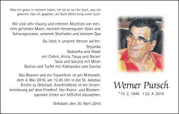 Traueranzeige von Werner Pursch von Wetterauer Zeitung, Wetterauer Zeitung