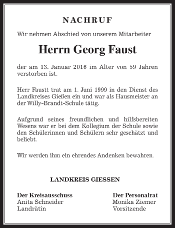 Traueranzeige von Georg Faust von Gießener Allgemeine, Alsfelder Allgemeine