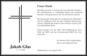 Traueranzeige von Jakob Glas von Wetterauer Zeitung, Wetterauer Zeitung