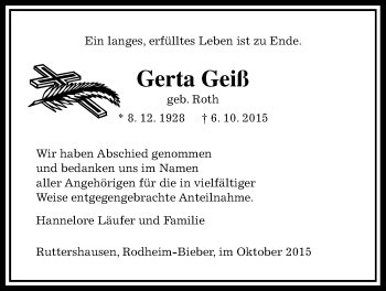 Traueranzeige von Gerta Geiß von Gießener Allgemeine, Alsfelder Allgemeine